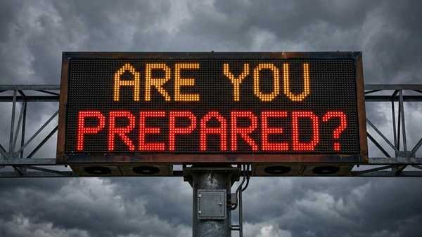 Electronic highway message board reading “ARE YOU PREPARED?” against dark storm clouds, promoting emergency preparedness before severe weather.