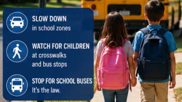 School zone safety graphic with two students walking near a school bus and reminders to slow down, watch for children at crosswalks and bus stops, and stop for school buses.
