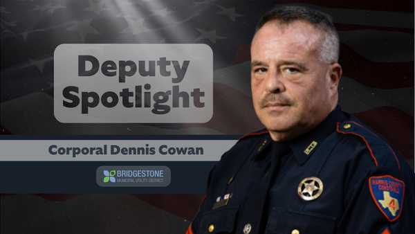 Promotional “Deputy Spotlight” graphic featuring a uniformed law enforcement officer beside the text “Deputy Spotlight” and “Corporal Dennis Cowan,” with a U.S. flag background and district logo.